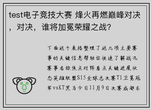 test电子竞技大赛 烽火再燃巅峰对决，对决，谁将加冕荣耀之战？