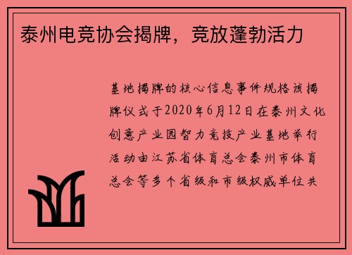 泰州电竞协会揭牌，竞放蓬勃活力